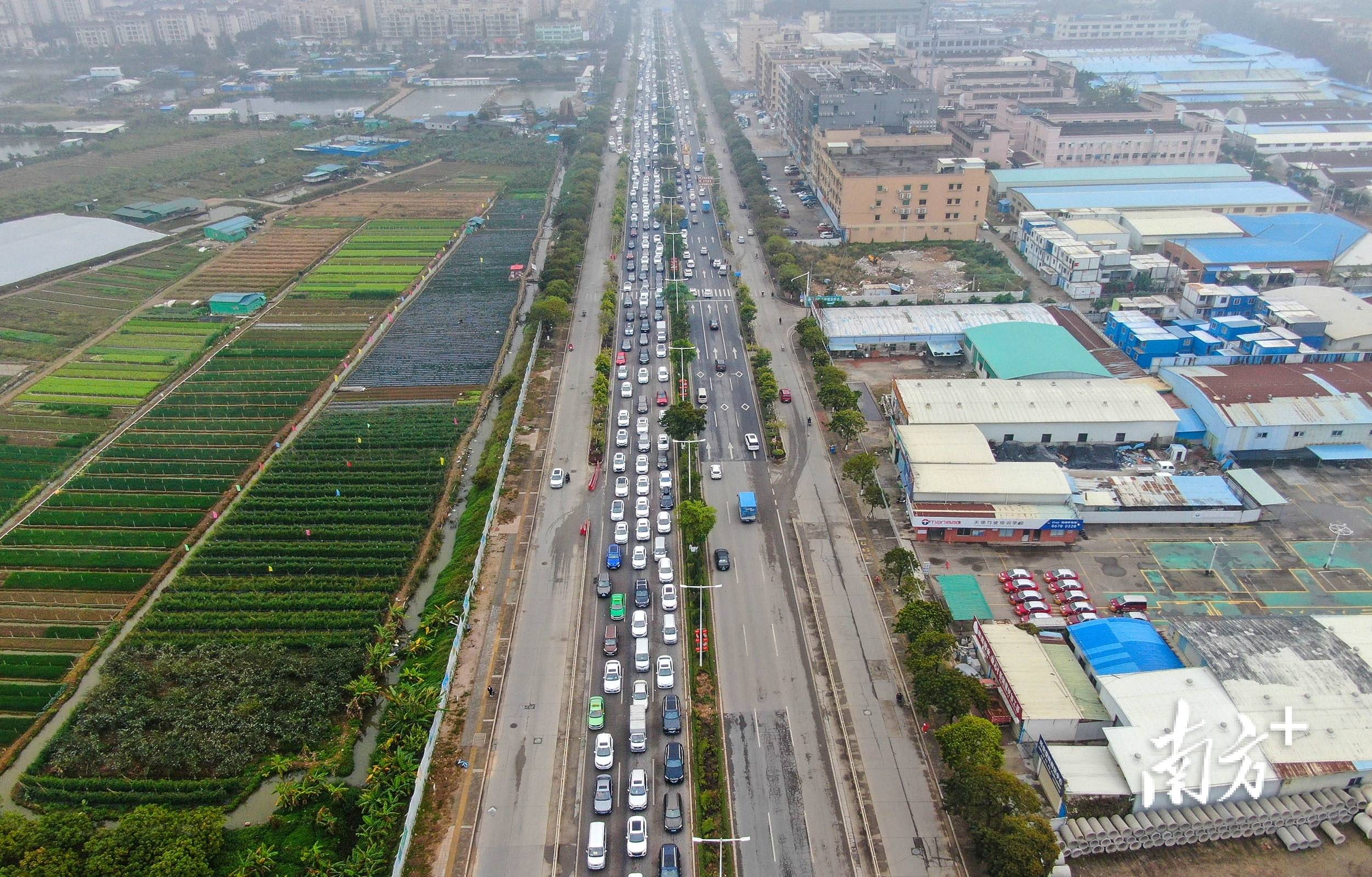 1月27日上午11点,坦神北路往城区三乡方向,汽车排起长龙,车辆行驶缓慢