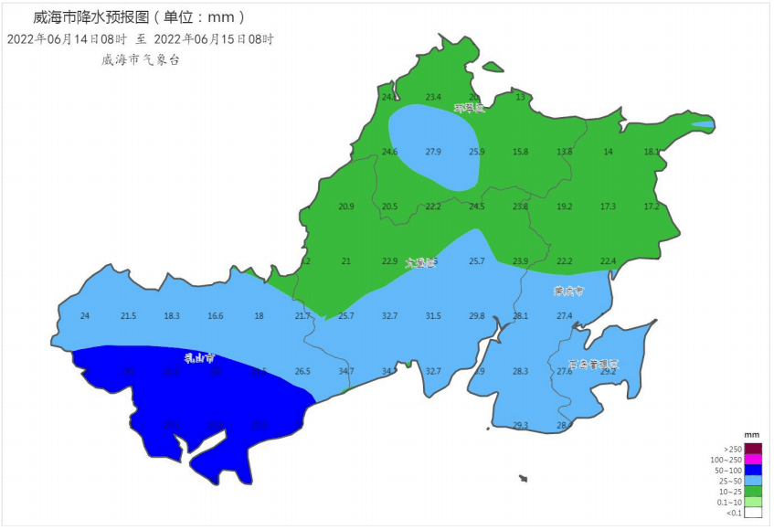 大部分地区和海区阴有中雨局部大雨,其中乳山,文登南部有大雨局部暴雨