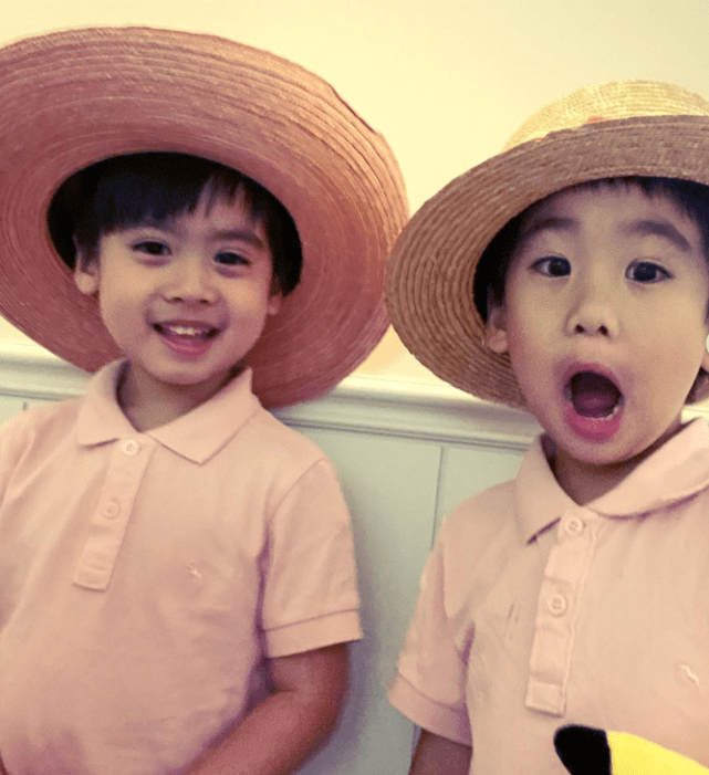 林志颖妻子陈若仪晒双胞胎儿子近照兄弟俩戴草帽摆拍可爱呆萌