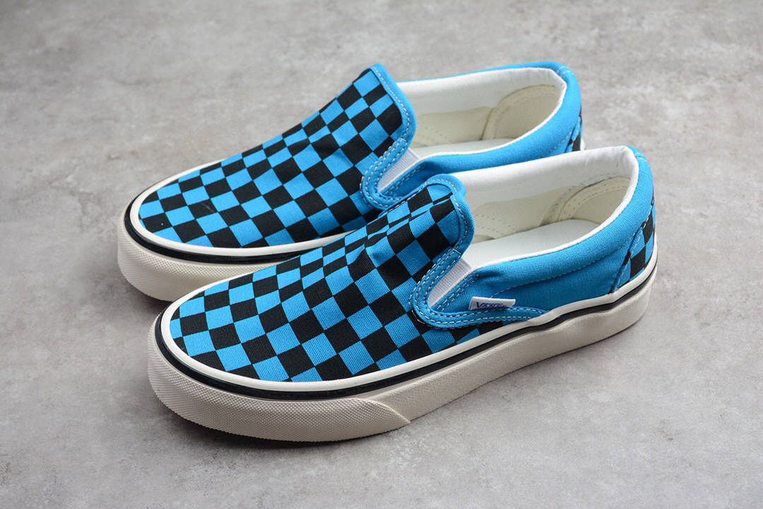 万斯低帮一脚蹬 vans atuthentic 安纳海姆蓝黑棋盘格帆布鞋