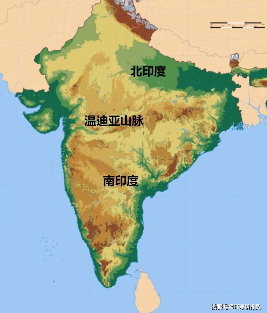 印度是一个以农业为主的发展中国家,从地形地貌上看,北方条件比南方更