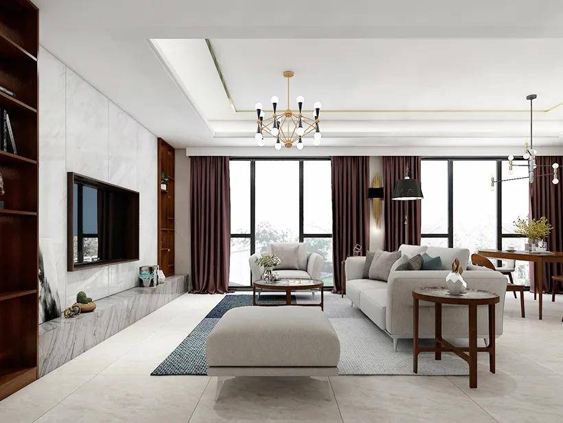 客厅铺地毯和深色系橱柜的设计,在视觉上让客餐厅之间的界限更加明显