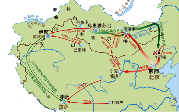 清朝统治者统一西北形势图