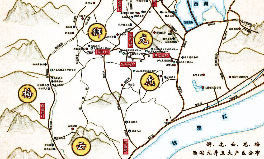 西湖龙井具体的位置在浙江省,杭州市西湖的狮峰,龙井,云栖,虎跑