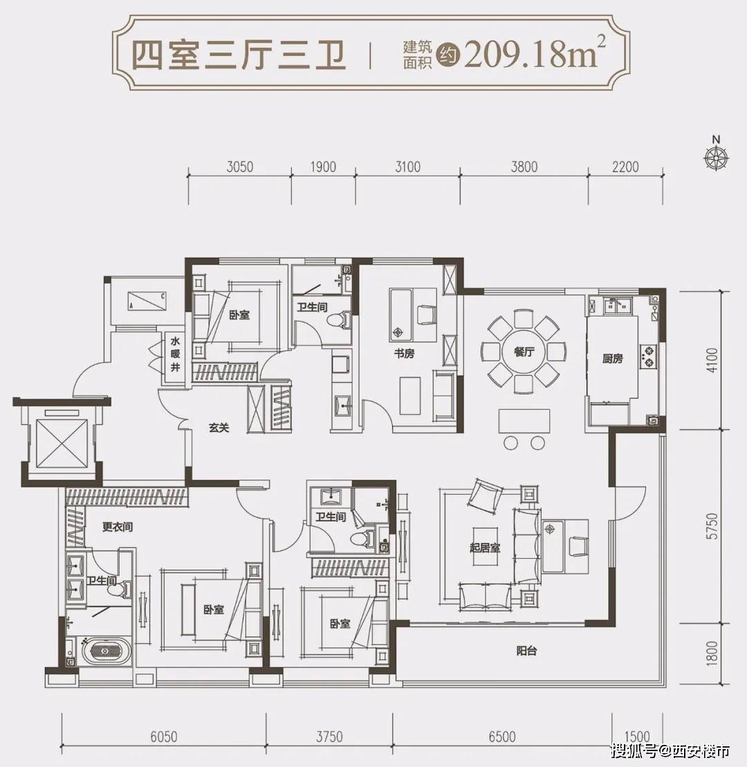 18㎡四室三厅三卫户型