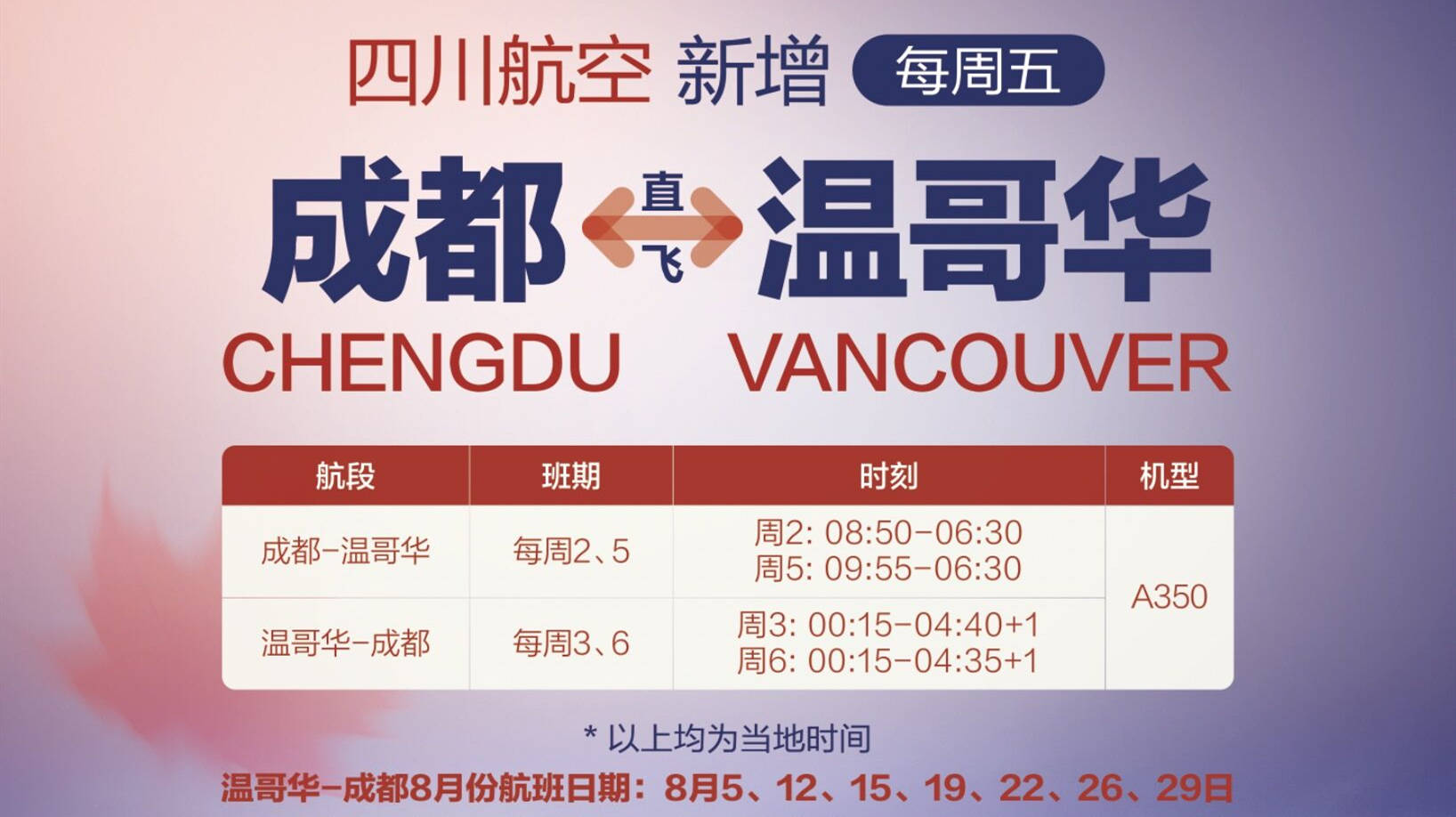 8月起川航新增多个成都始发航班