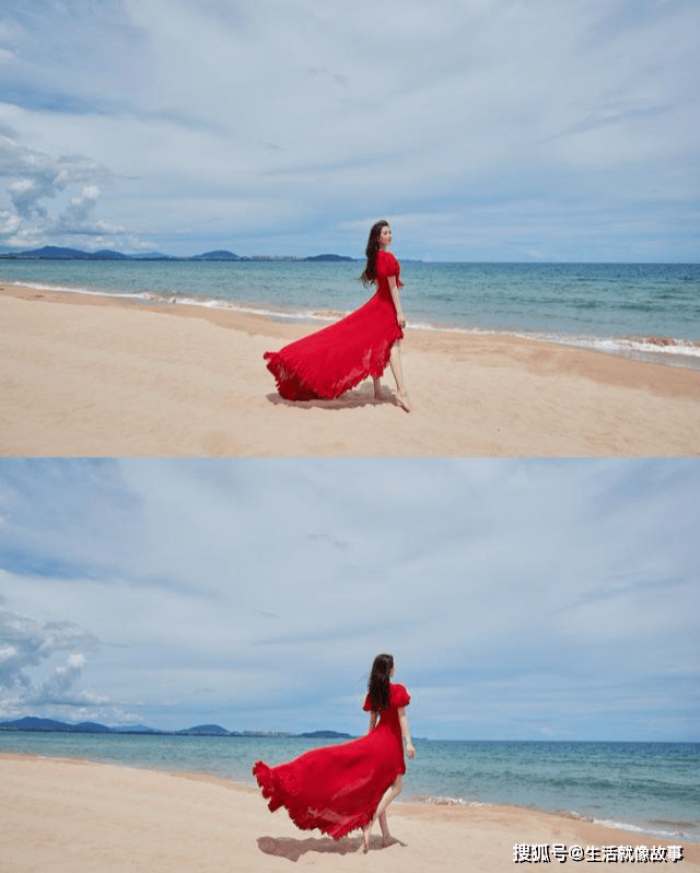 在沙滩上,刘诗诗赤脚拍照,谁注意到她的腿?