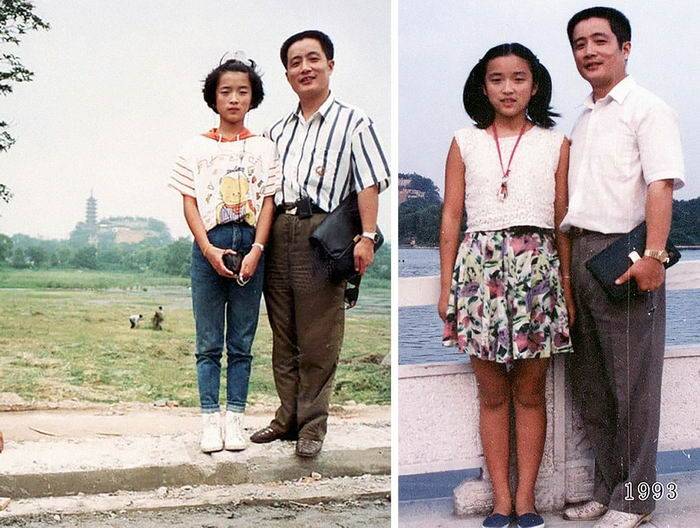 父亲每年都带他的女儿到同一个地方合影,40年了这就是他们的成长