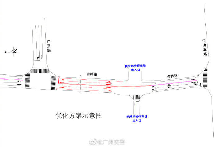 吉祥-广卫路口南出口,各车道宽度由展宽段开始压缩至3.