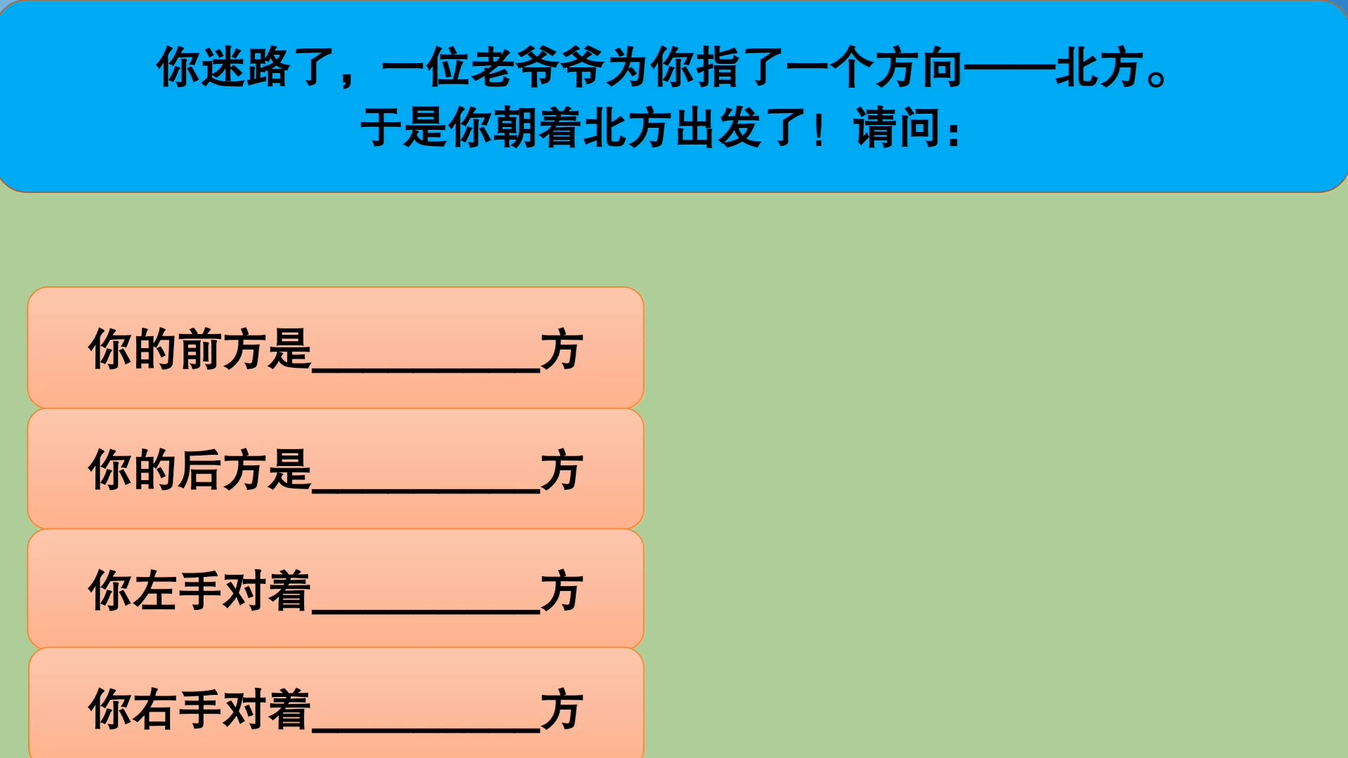 三年级数学你朝着北方出发了请确认你的前后左右各是什么方位