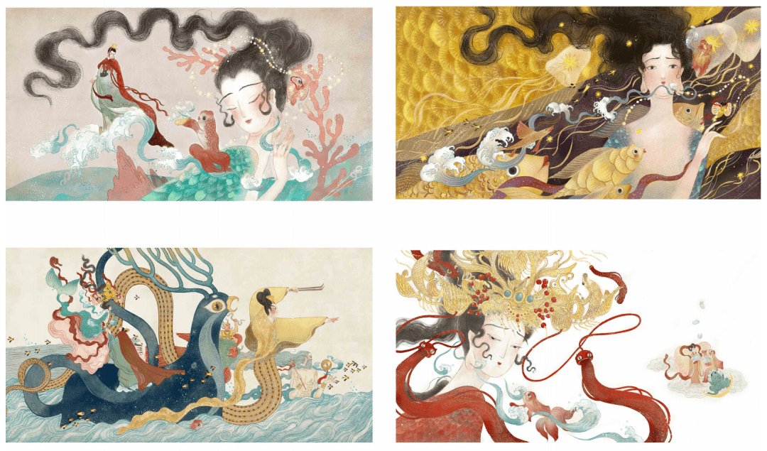 而90后现代画家叶露盈所绘制的《洛神赋》,运用传统的壁画,纹饰等技法