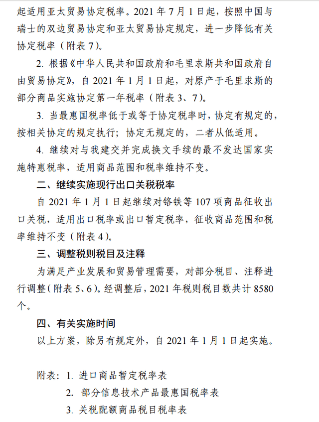 国务院发布2021年关税调整方案