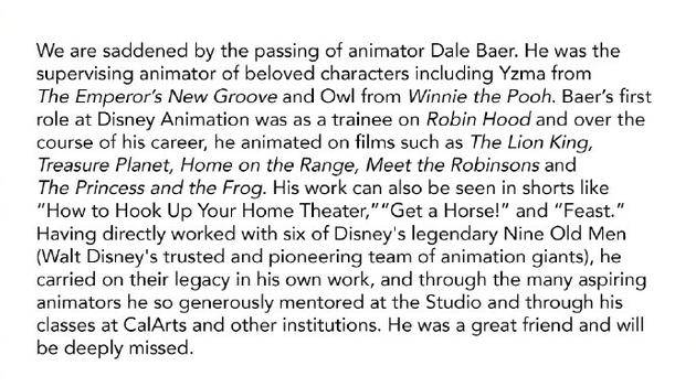 迪士尼资深动画师戴尔·拜尔去世 曾参与《 狮子王 》