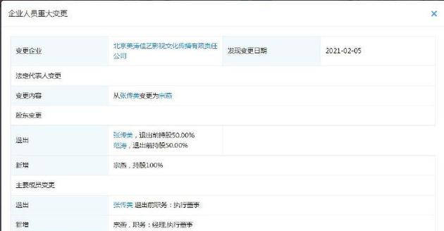 范冰冰父母退出美濤佳藝影視 公司股東變更為“宗燕”
