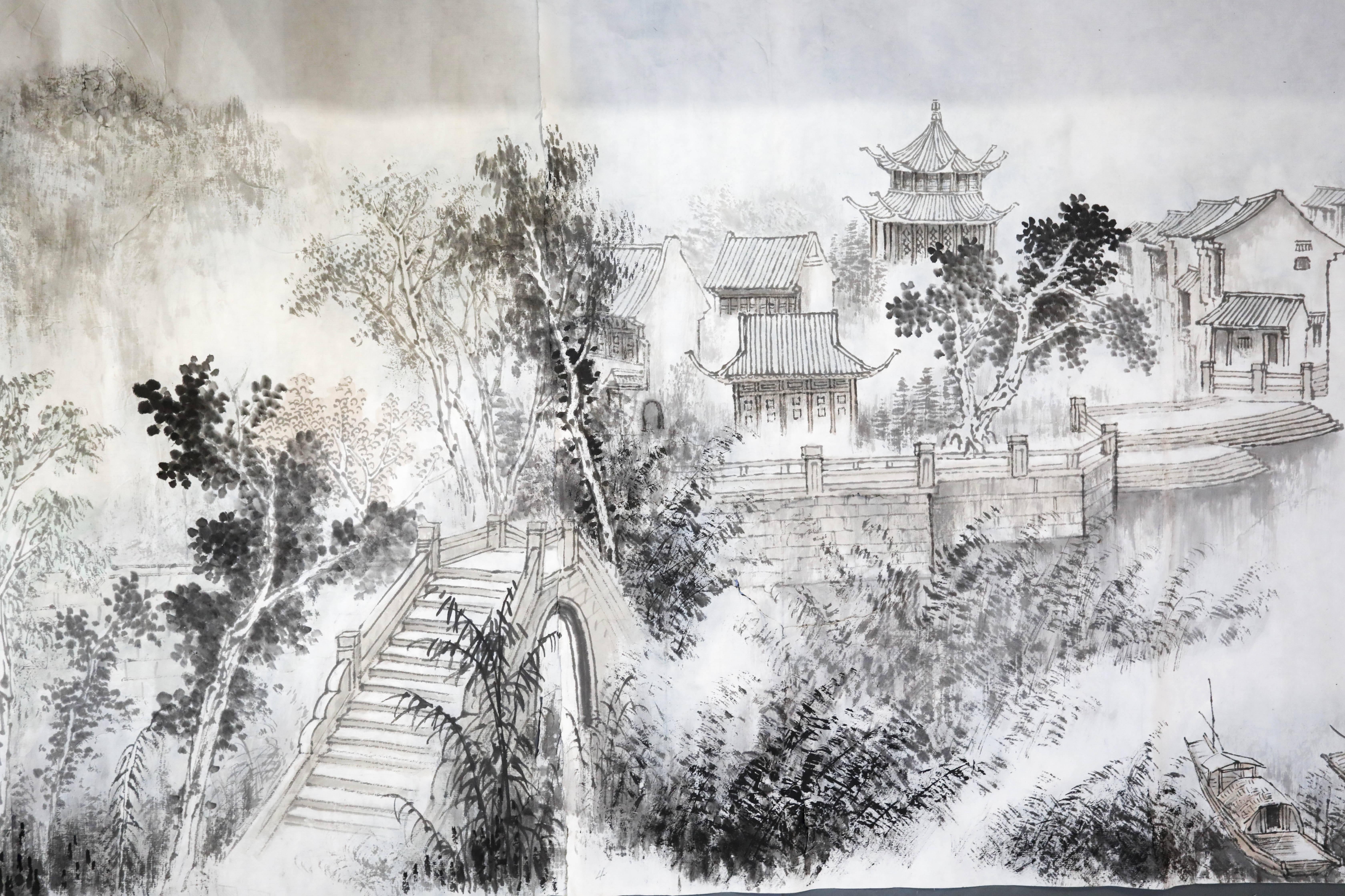 苏州画家创作20多米水墨长卷，道尽江南山温水软