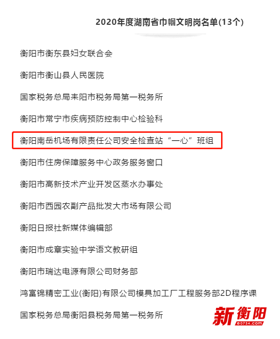 南岳机场安全检查站一心班组荣获省巾帼文明岗称号