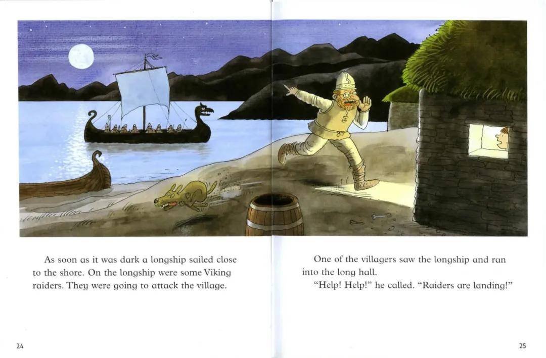 the wind began to blow. the vikings put up the sail.