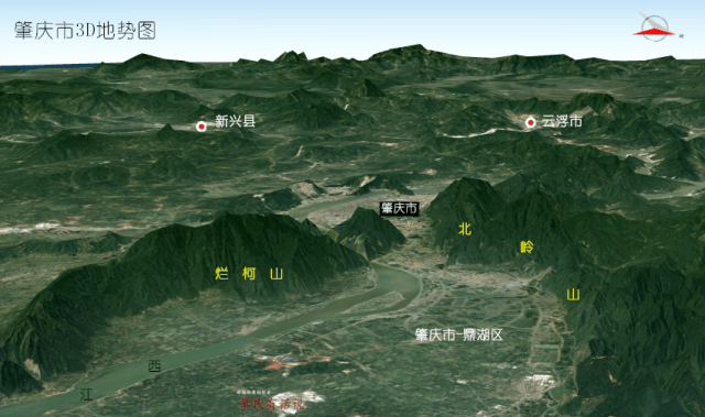 广东省六大内陆市3D地势图：清远、肇庆、河源、韶关、梅州、云浮