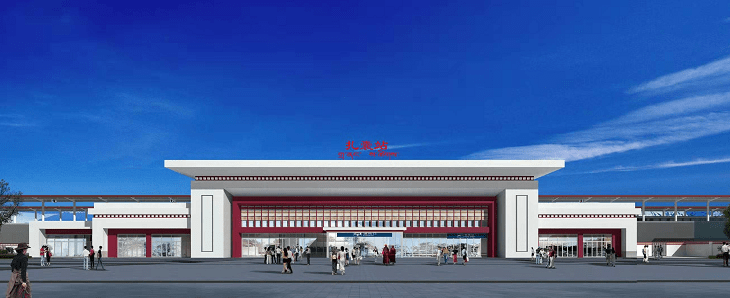 扎囊站效果图扎囊站设计立意为"白洁圣刹,缤纷氆氇",站房结合当地建筑