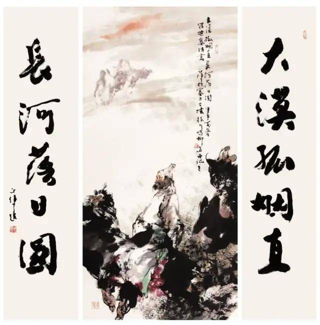 lot 6020 胡正伟 边塞诗意 国画136×68cm,书法136×33cm×2, 估价:无