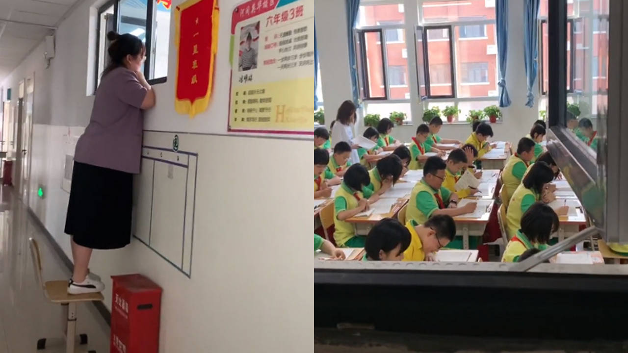 压迫感班主任搬凳子趴窗户上观察班级情况网友不放心谁呢