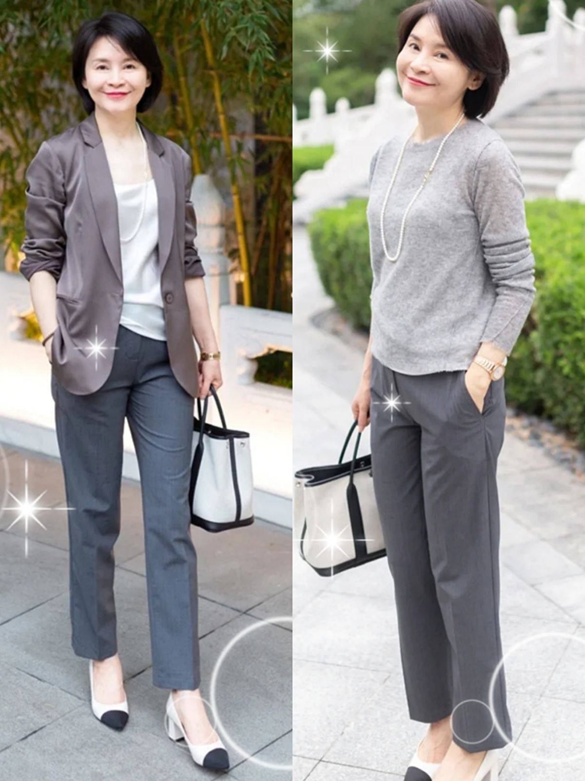 60岁女人还需要将全身颜色控制在三种及其以下,优先采用同色搭配,邻近