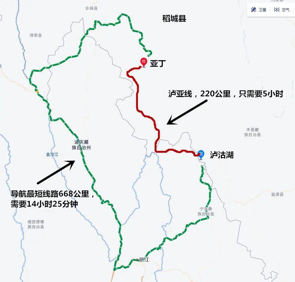 距离是非常近的,但如果用导航软件规划线路,会得到一条668公里的路线