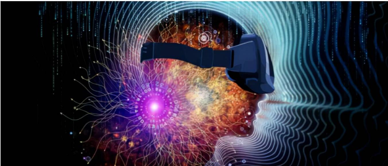 这是一张描绘人工智能和机器学习概念的图片，展示了一个机器人手臂和代表数据流的线条，以及头脑中发光的神经网络图案。