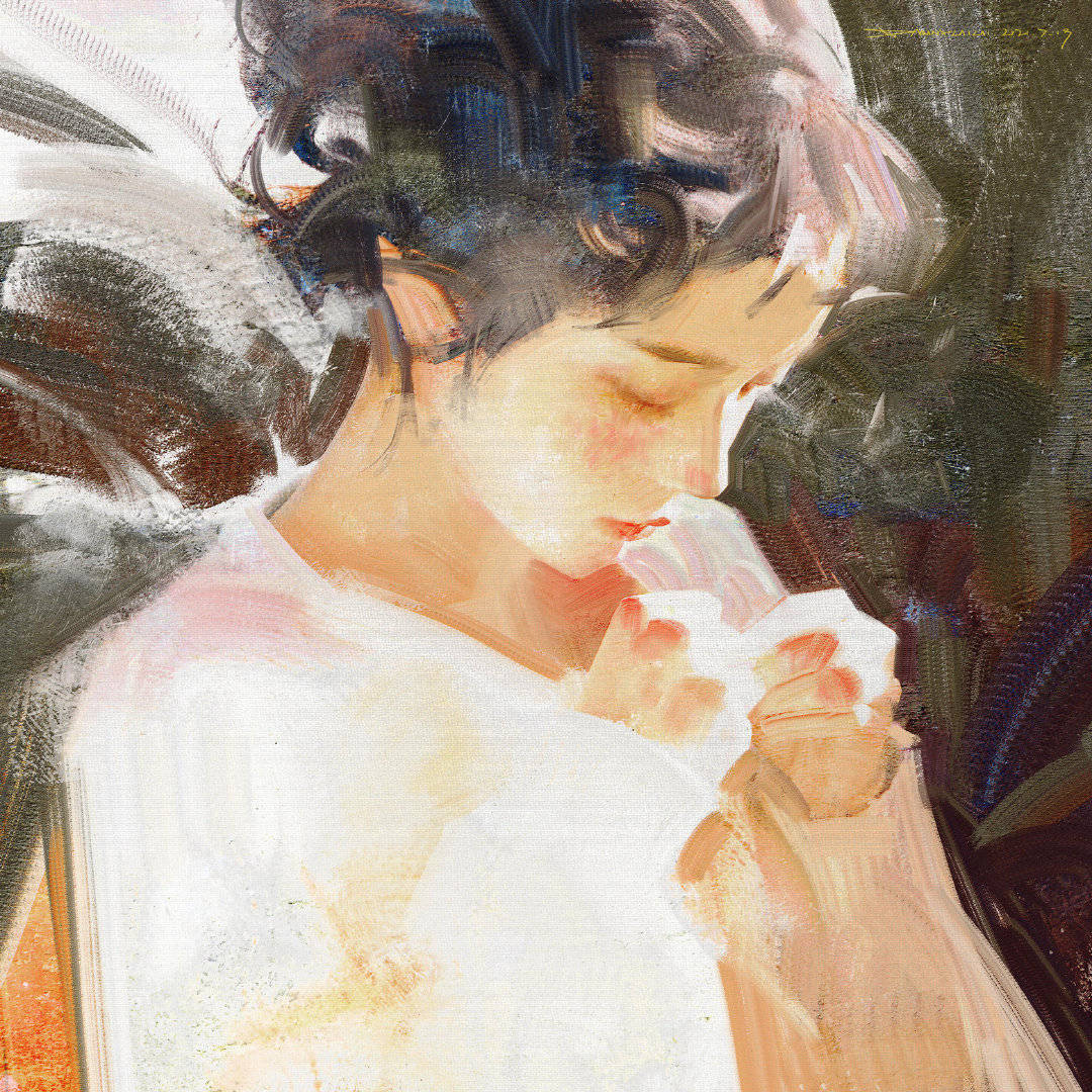 插画 高级油画质感插画作品，笔下的白衣少女太梦幻了
