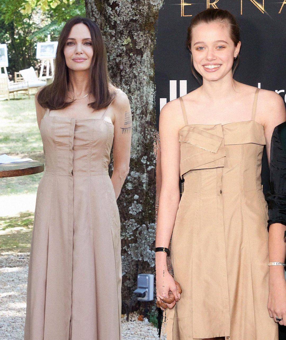 希洛 朱莉携女儿参加新片首映，翻出曾经的礼服给女儿们穿，复古风抢镜