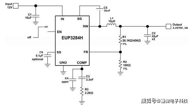 eup3284芯片32v to 3.3v/5v典型應用電路圖