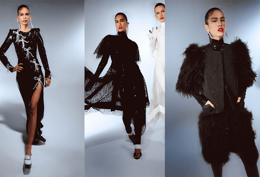 对比 Prabal Gurung 2021秋冬，纯色与波点等图案出现，还有开叉和鱼尾等细节