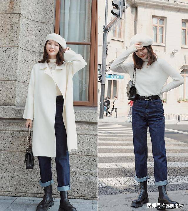 设计 毛衣+大衣、直筒裤+靴子,简约显气质的保暖look,穿出时尚感