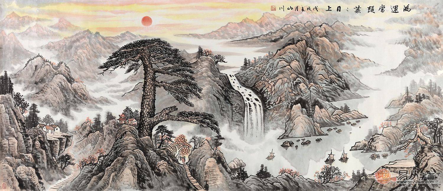 画家山川的山水画融入了水墨韵味,优美墨色下的自然风景,通过四幅意境