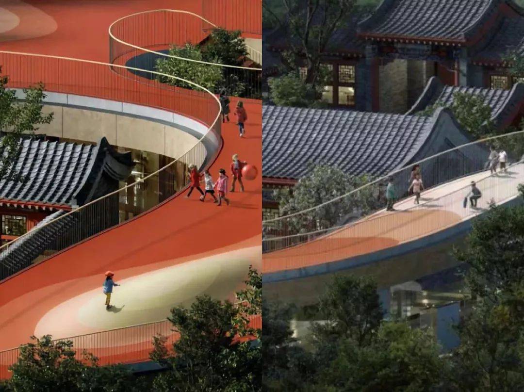 地坪|阳光运动场的天花板，DPU儿童防护运动地坪将四合院屋顶打造成漂浮的运动场