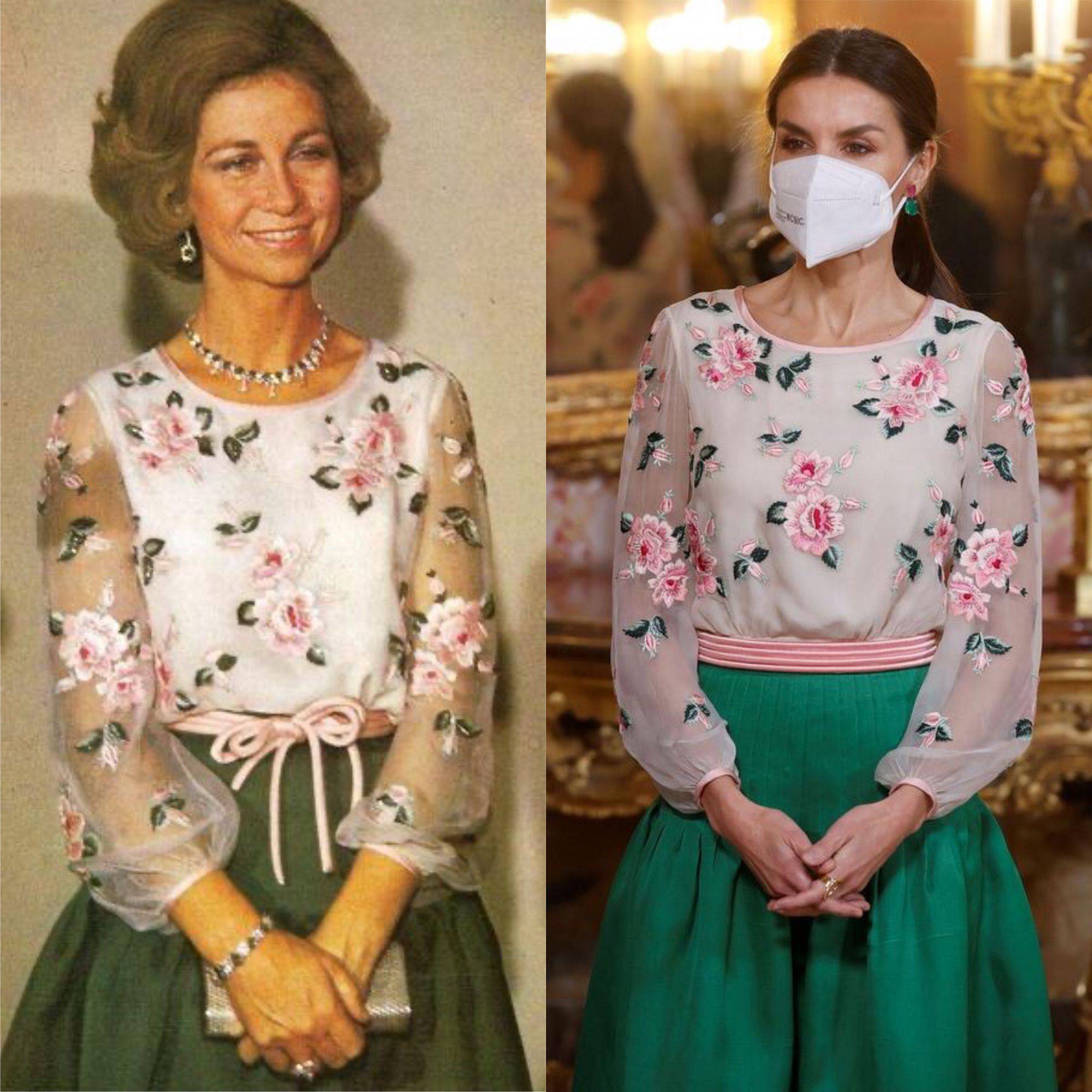 一身 西班牙王后真节俭，穿婆婆27年前定制款旧衣，一身粉配绿依然好美