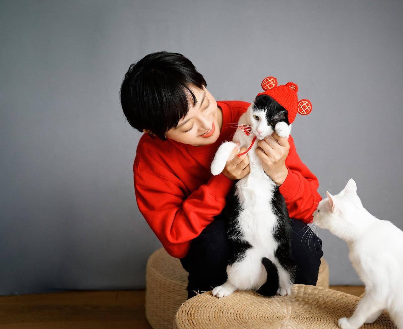 亮点 孙俪拍新年照真会玩，穿红衣配黑裤抱猫咪摆造型，喜庆洋气还减龄