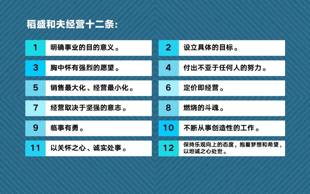 例如,稻盛和夫在经营十二条中告诉大家,要明确事业的目的和意义,设定