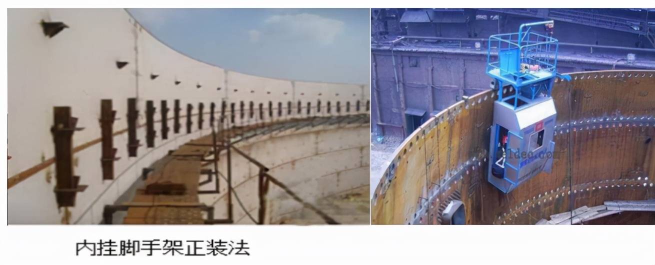 这种架设正装法(包括以下内挂脚手架正装法)适合于大型和特大型储罐