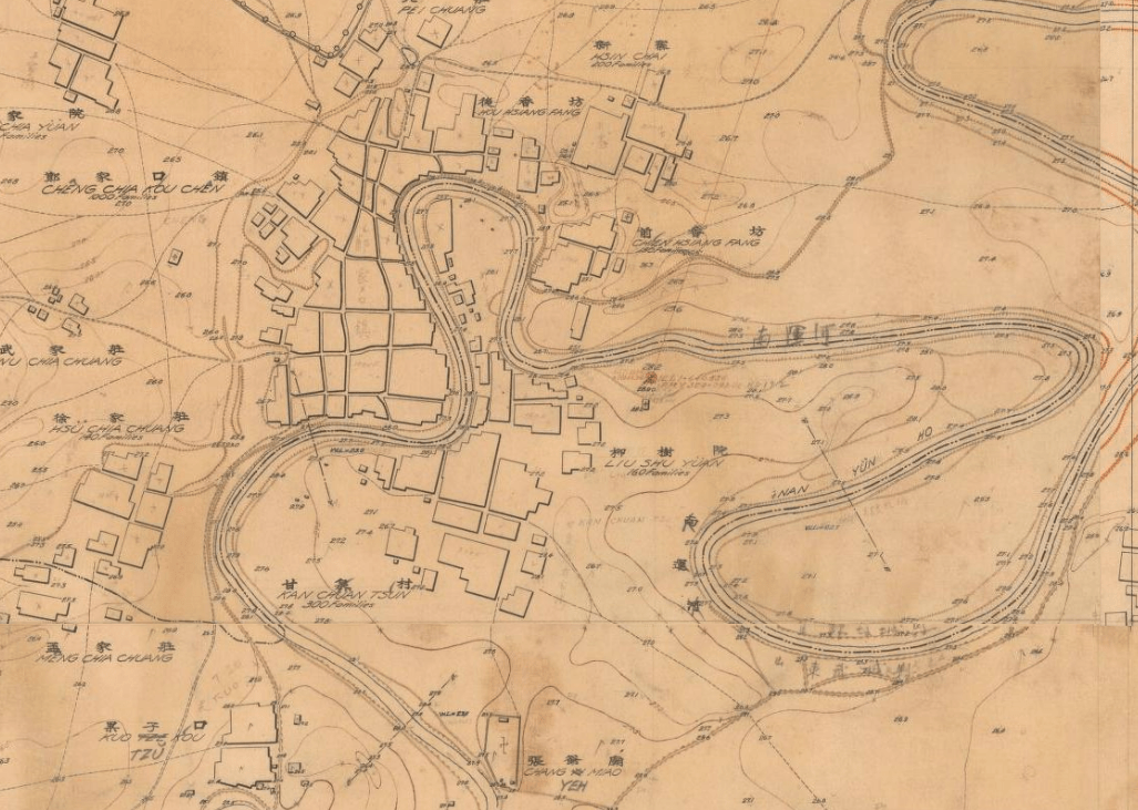 民国时期地图上的郑口镇,由于河道极为弯曲,在较短的直线距离上能够