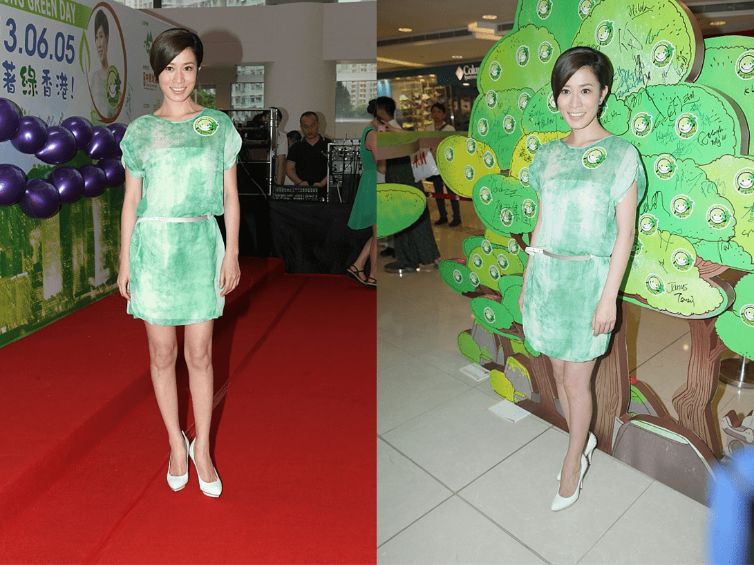 带着 佘诗曼年纪大了反而更会打扮了，穿绿上衣配白裤，看不出快50岁了