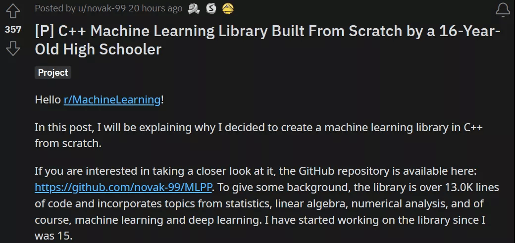 高中生|16岁高中生的「卷」，13000+行代码，从头写了一个C++机器学习库