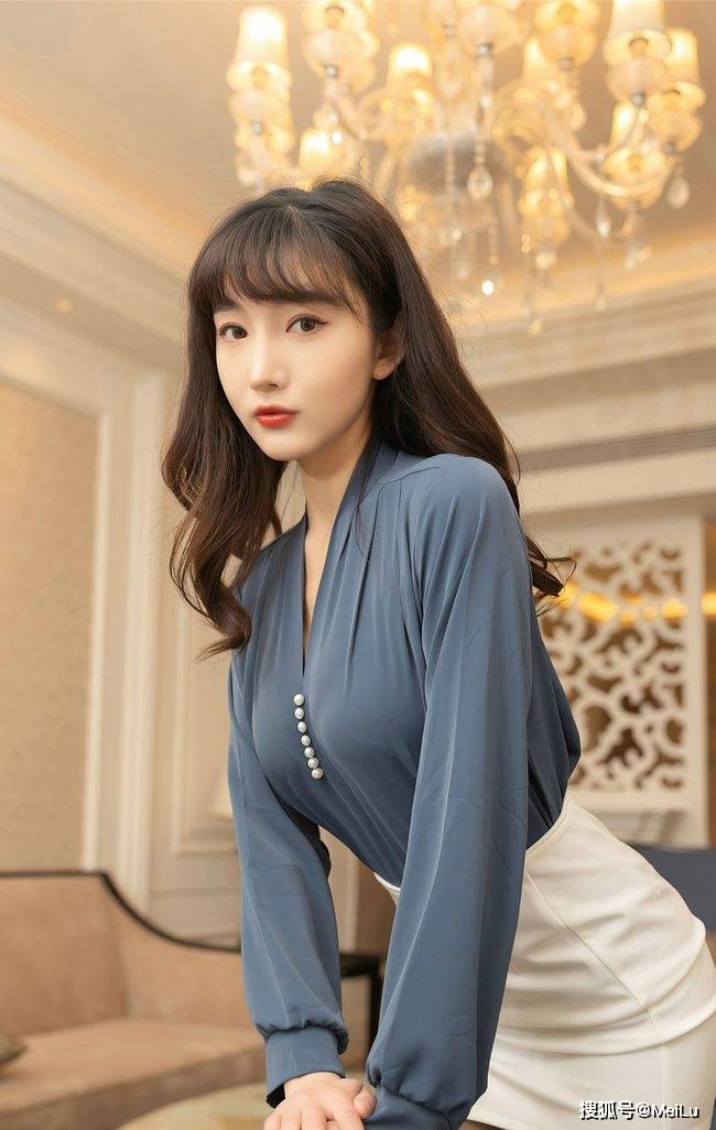 曲线 蓝灰色的衬衫搭包臀裙,将女性的优雅气质,尽情的展示出来