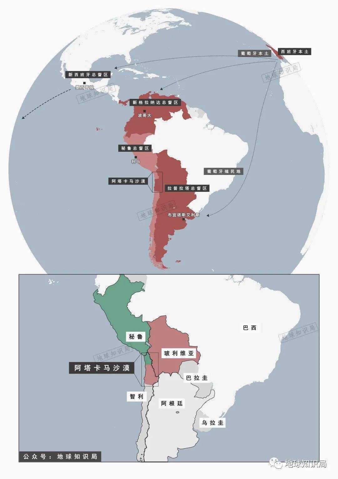 秘鲁,玻利维亚,智利西班牙殖民地总督区与南美三国当时的大致情况是