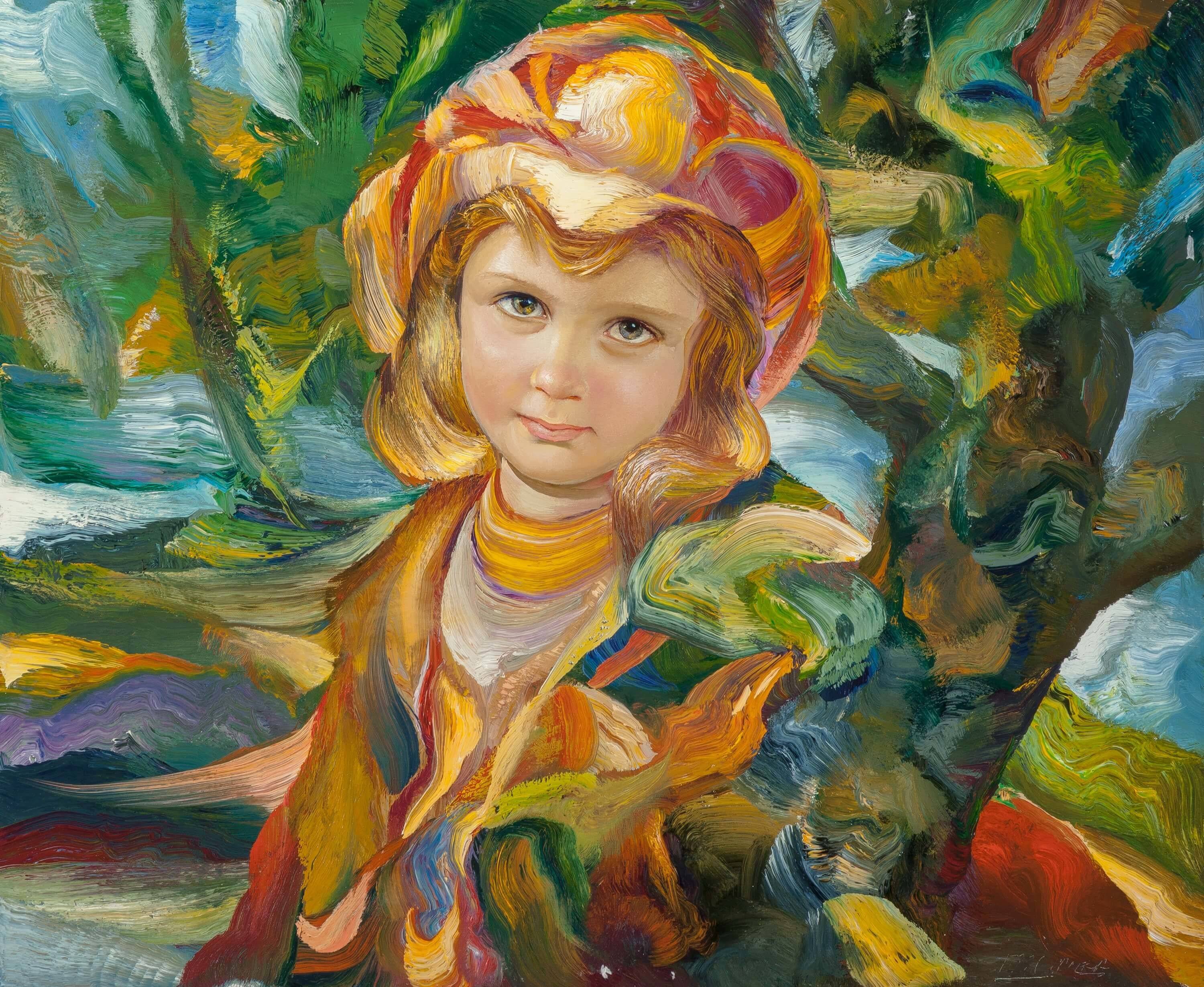 儿童油画圆胖的脸蛋一双大眼睛忽闪忽闪地炯炯有神