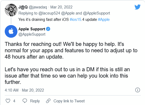 苹果回应iOS 15.4电池消耗过快投诉 若问题属实将提供解决方案