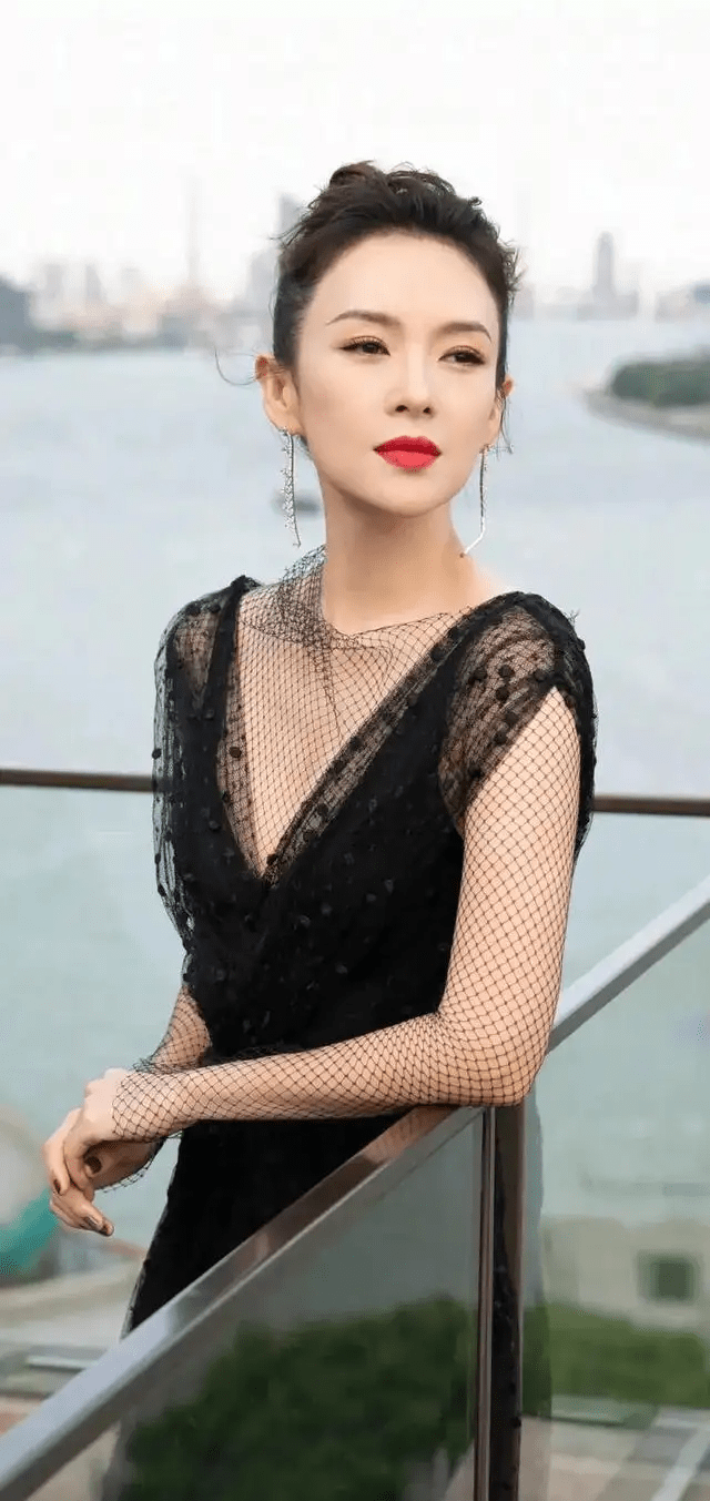 黑色 章子怡穿着透纱的裙子也太美了，黑色裙装很有亮点，又瘦又高级