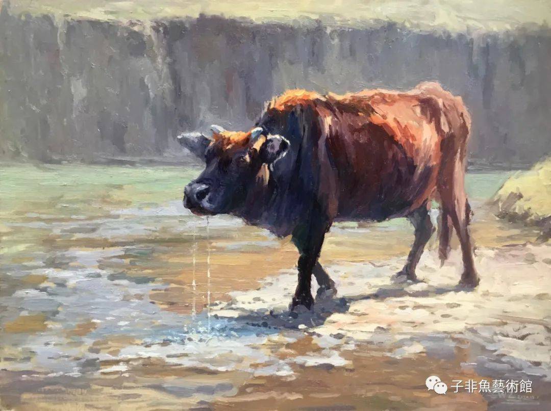 蔡文志 《饮水的大黄牛》60cmx80cm 布面油画 2020年李尚辽宁黑山人