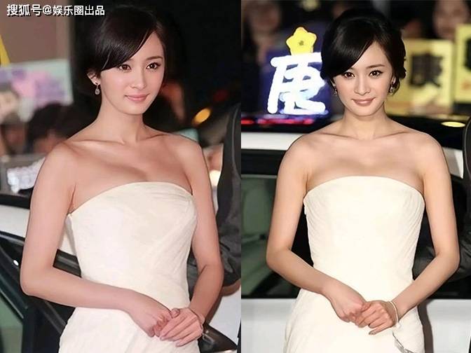 原创杨幂车展旧照火了穿低领纱裙身姿曼妙弯腰拍照引起热议