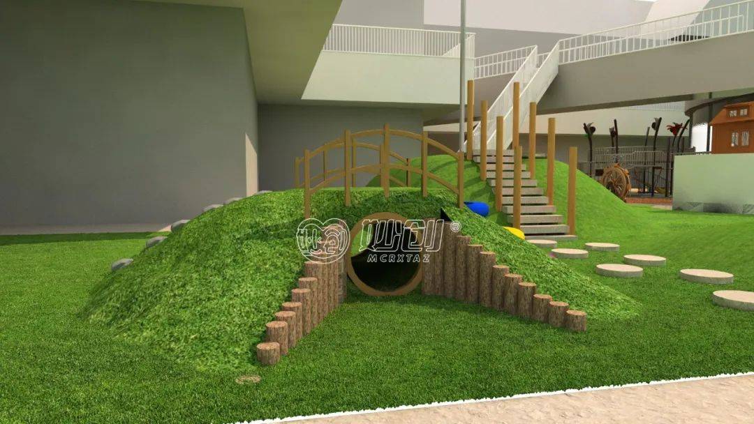 高低起伏的地形营造森林面貌,结合黑曼巴滑梯,奇幻拱形桥,圆木钻洞